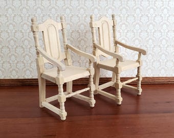 Dollhouse Miniature Arm Chairs Dining Room Set of 2 Unpainted Wood 1:12 Scale