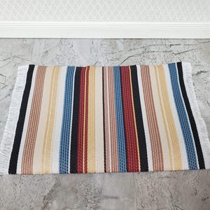 Dollhouse Modern Rug Striped Fabric Small Browns Gold Blue Black with Fringe 1:12 Scale Miniature