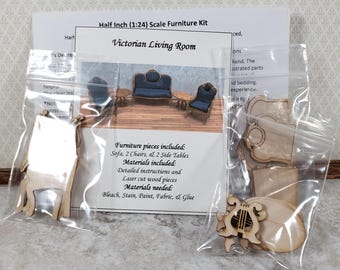 Dollhouse HALF SCALE Furniture KIT Victorian Living Room Set Sofa Chairs 1:24
