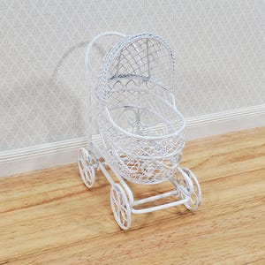 Dollhouse Pram Stroller Carriage White Metal Wire 1:12 Scale Nursery Miniature Furniture