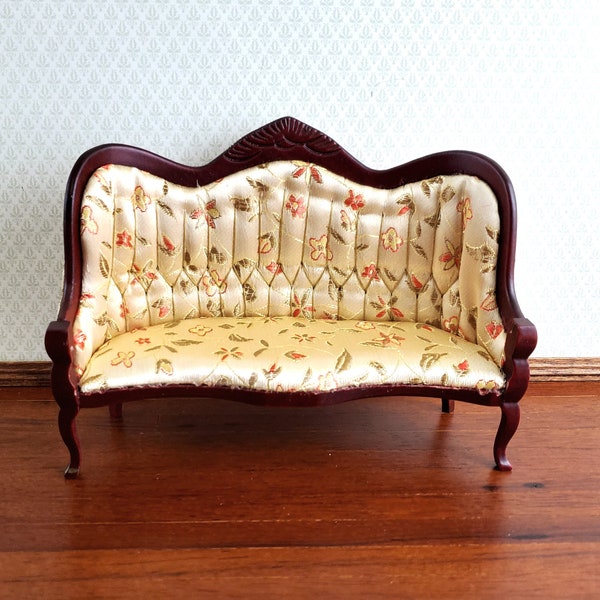 Dollhouse Sofa Couch Victorian Style Floral Print 1:12 Scale Miniature Mahogany Finish