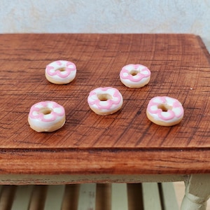 Dollhouse Donuts x5 White & Pink Frosting 1:12 Scale Miniature Dessert Bakery