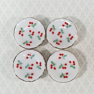 Dollhouse Glass Plates Gold Trim Fluted Cherries Design Ceramic x4 1:12 Scale Miniatures 1"