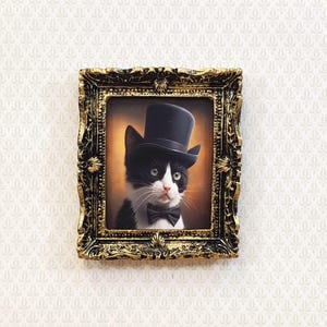 Miniature Tuxedo Cat Profile Framed Print with Top Hat Bow Tie 1:12 Scale Miniature Picture