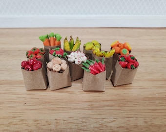 Dollhouse Groceries 12 Small Bags Fruits Vegetables 1:12 Scale Miniature Food Kitchen