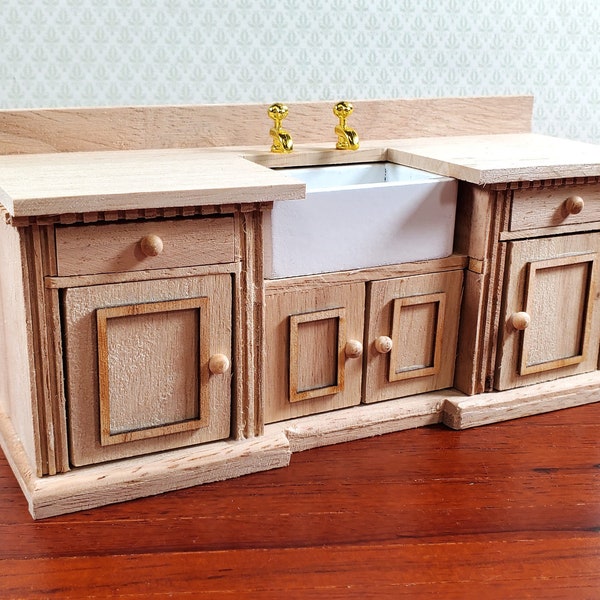 Dollhouse Kitchen Sink with Counter Cabinet 1:12 Scale Miniature Unpainted Wood