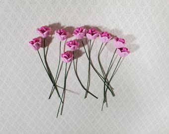 Dollhouse Pink Roses Flowers Set of 10 with Stems 1:12 Scale Miniature Garden