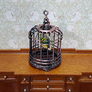 Dollhouse Birdcage with Parrot or Parakeet Bird Bronze Metal Cage Miniature