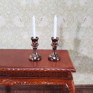 Dollhouse Tall Candlestick Holders with Candles Set of 2 1:12 Scale Metal Aged Copper Finish