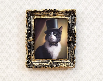 Miniature Tuxedo Cat Framed Print with Top Hat Bow Tie 1:12 Scale Miniature Picture