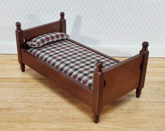 Dollhouse Small Bed with Plaid Fabric Pillow Boys Room 1:12 Scale Miniature Furniture