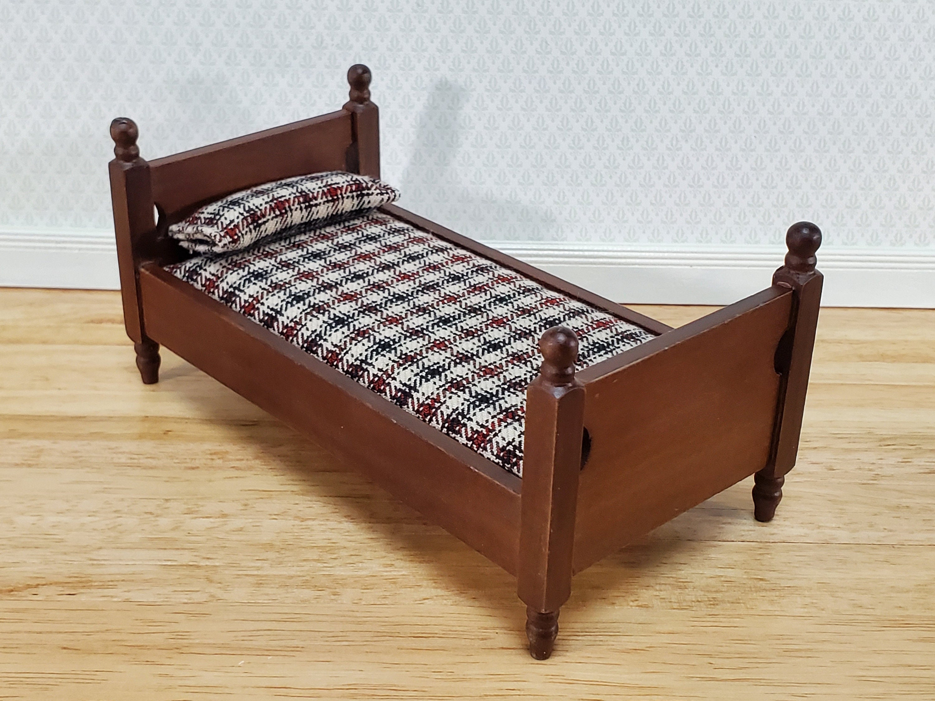 Buy Dollhouse Small Bed With Plaid Fabric Pillow Boys Room 1 12
