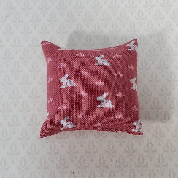 Dollhouse Pillow Bunny Rabbits Print Black Pink & White Handmade 1:12 Scale Miniature 1 1/2"