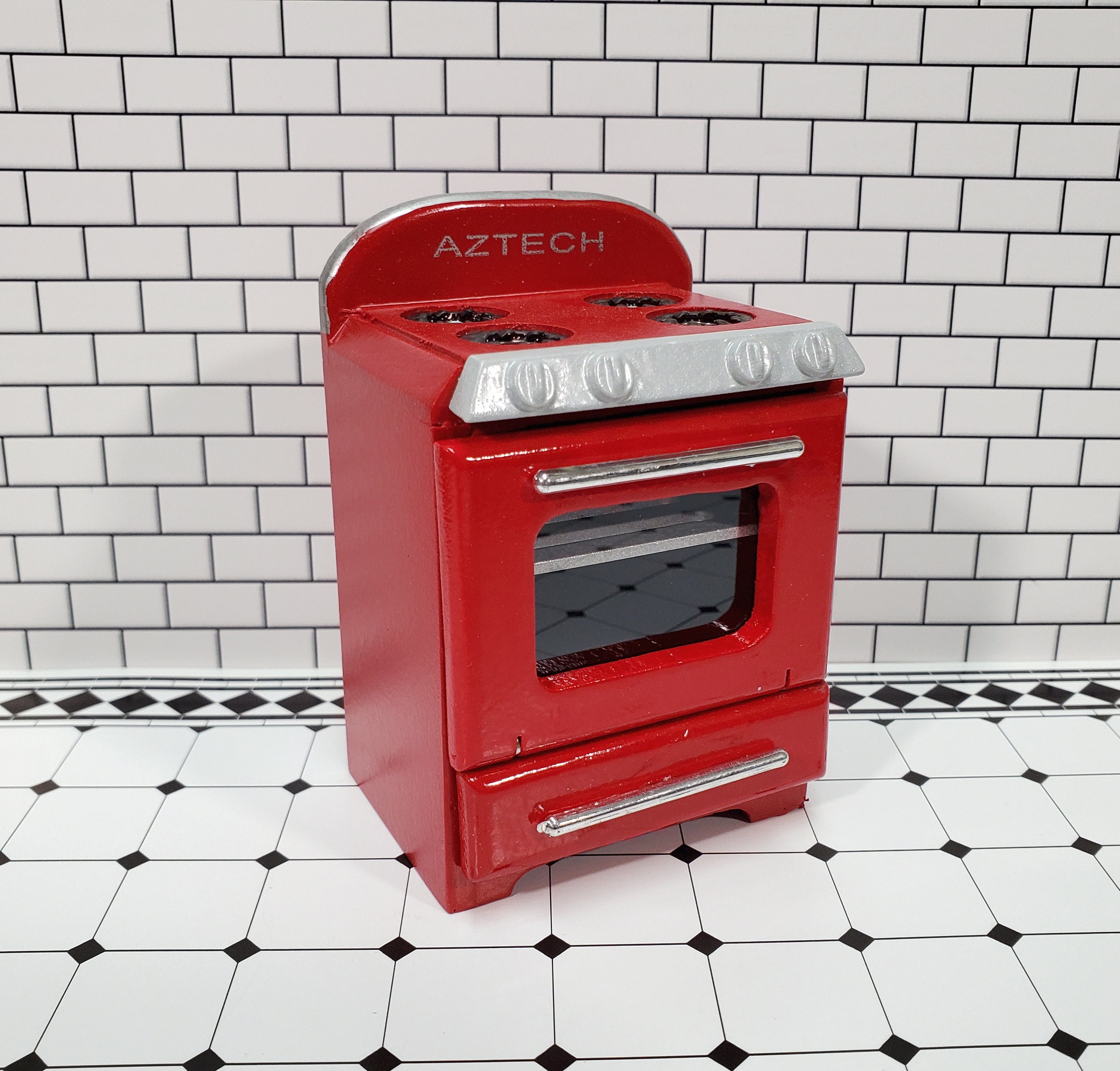 1:12 Scale Red Kitchen Set Fridge Stove Oven Sink Cabinet