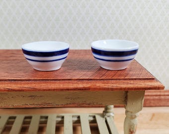 Dollhouse Bowl White with Blue Stripes Ceramic Set of 2 1:12 Scale Miniature