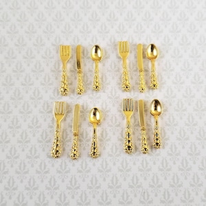 Dollhouse Miniature Gold Flatware Fork Spoon Knife Fancy 4 Place Settings 1:12 Scale
