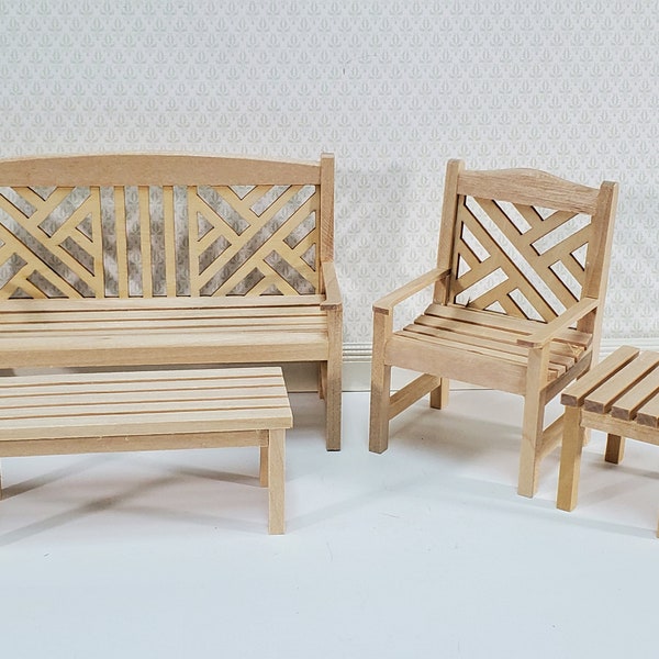 Dollhouse Patio Porch Set Chair Bench Tables Unpainted Wood 1:12 Scale Miniature Furniture