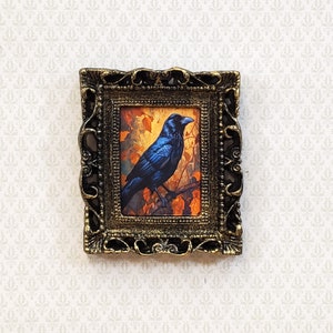 Miniature Raven with Fall Background Framed Print 1:12 Scale Halloween Haunted House