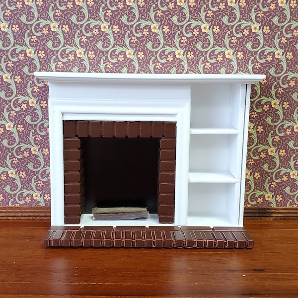 Dollhouse Miniature Fireplace with Shelves & Brick Surround Wood White Finish 1:12 Scale Furniture