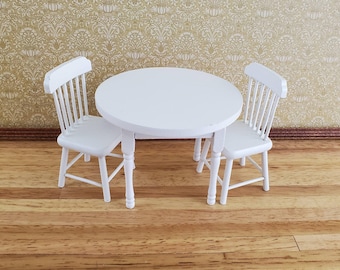 Dollhouse Miniature White Table Round with 2 Chairs 1:12 Scale Kitchen Dining Room Furniture