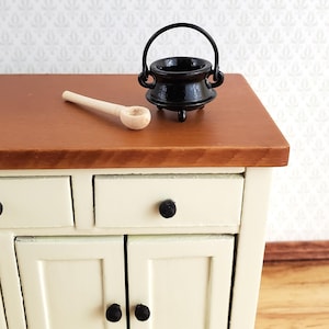 Dollhouse Miniature Cauldron Pot Small Black with Wooden Spoon 1:12 Scale