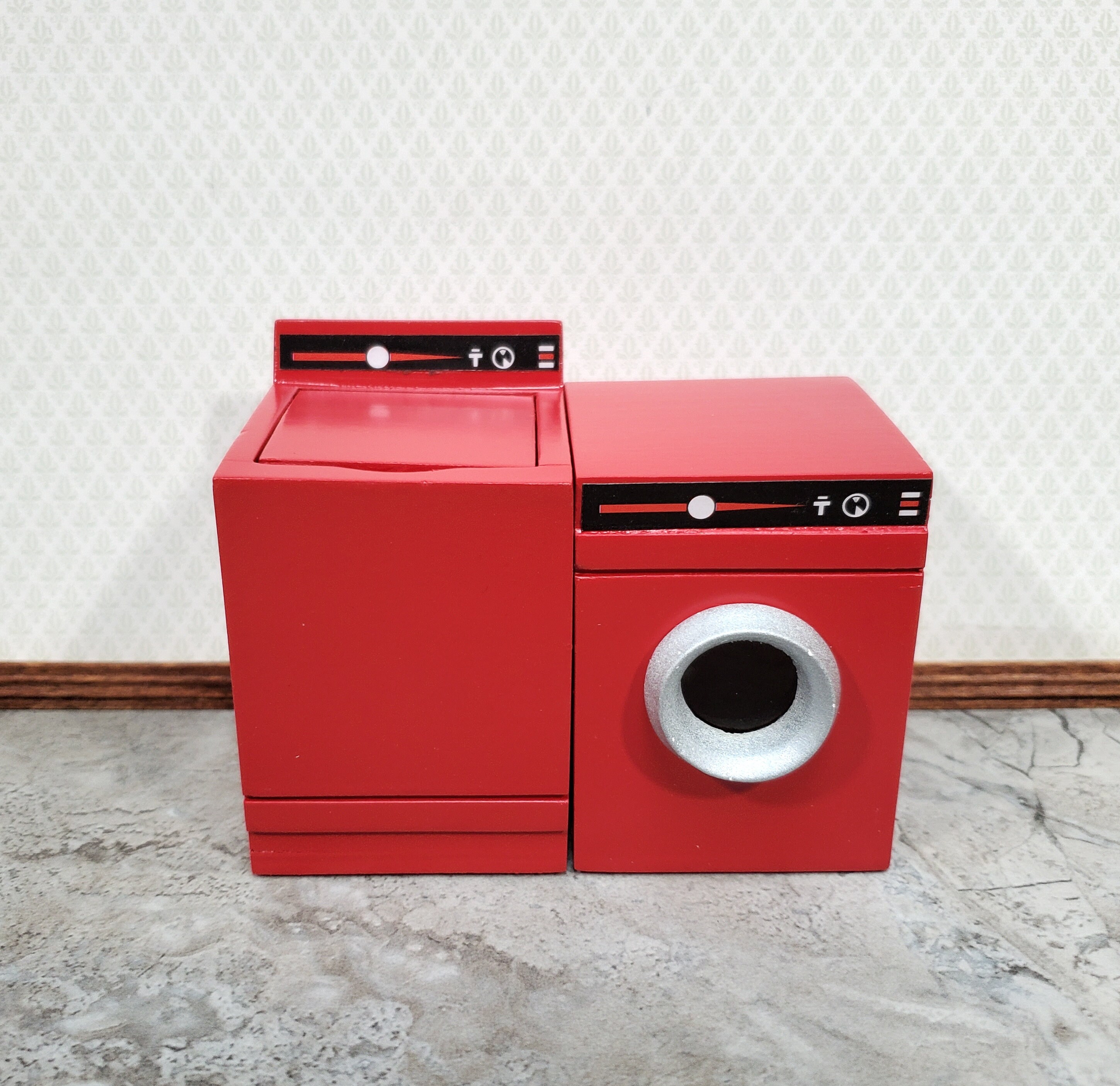 Red stackable top washer and dryer