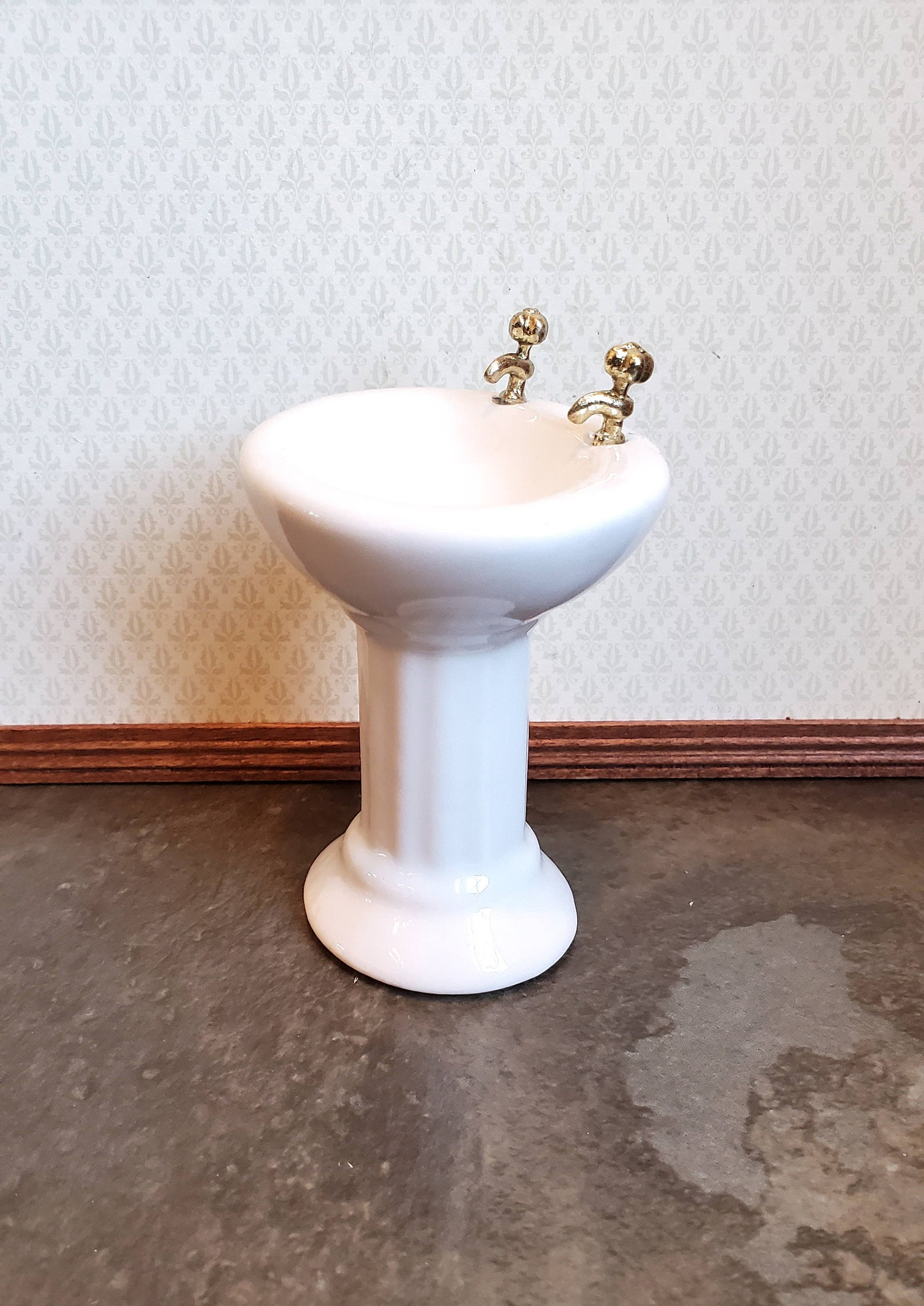 Dollhouse Miniature Pedestal Sink Bathroom White Ceramic Gold Etsy