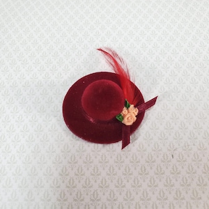 Dollhouse Red Velvet Hat with Feather & Flowers Wearable 1:12 Scale Miniature