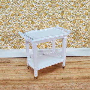 Dollhouse Tea Cart Two Tiered Serving Trolley White Wood with Wheels 1:12 Scale Miniature
