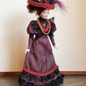 Dollhouse Victorian Doll Porcelain Fancy Maroon Dress and Hat 1:12 Scale