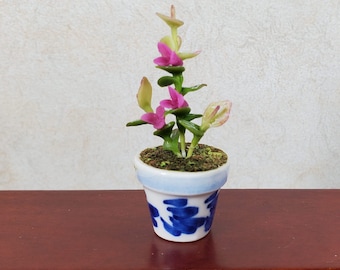 Dollhouse Potted Plant Pink Flowers in Blue & White Pot 1:12 Scale Miniature