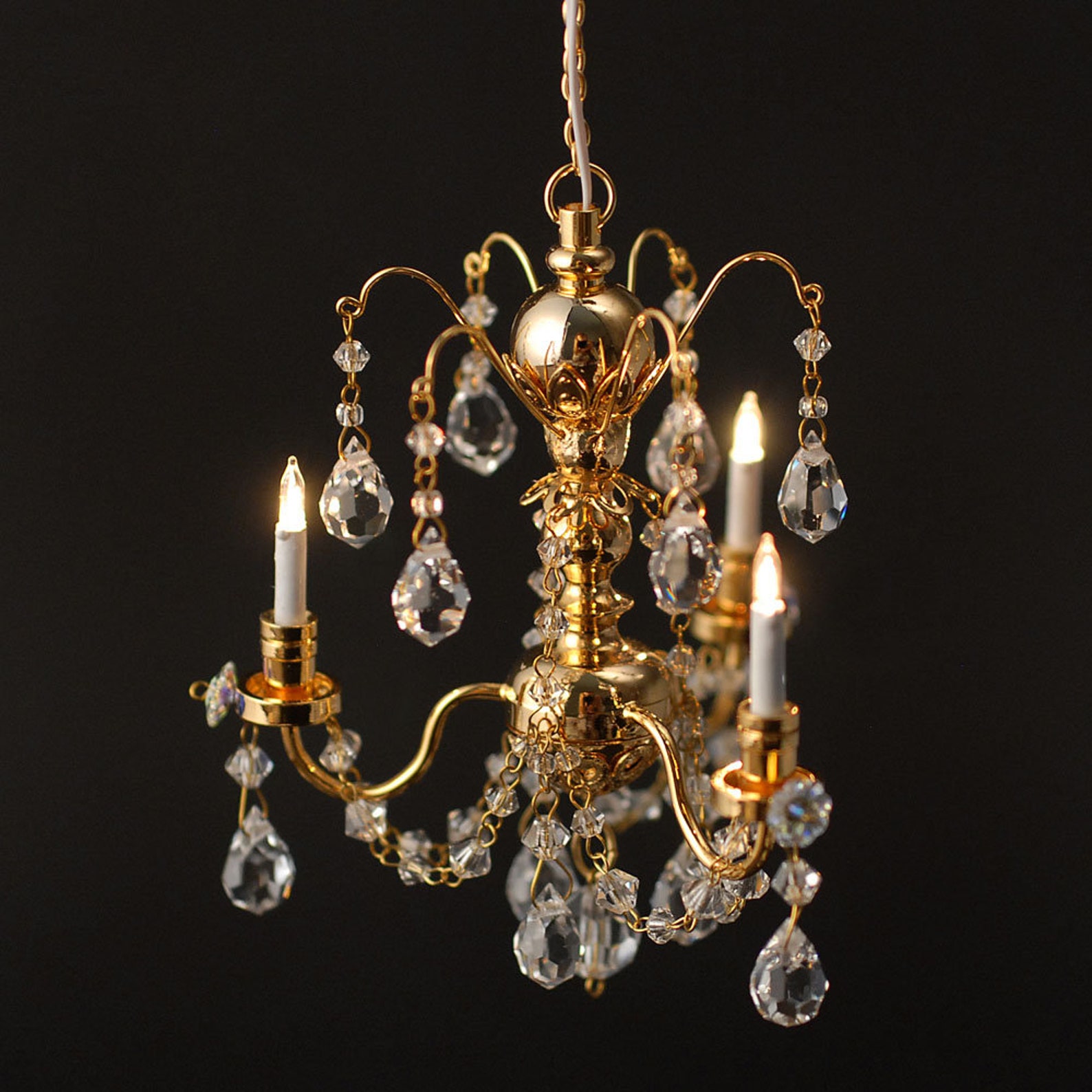 Dollhouse Miniature Chandelier 3 Arm Crystal Pendants 12 Volt Etsy