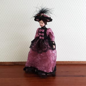Dollhouse Victorian Doll Porcelain Fancy Lavender Lacy Dress and Hat 1:12 Scale Miniature