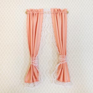 Dollhouse Miniature Curtains Peach with Lace & Curtain Rod 1:12 Scale Handmade