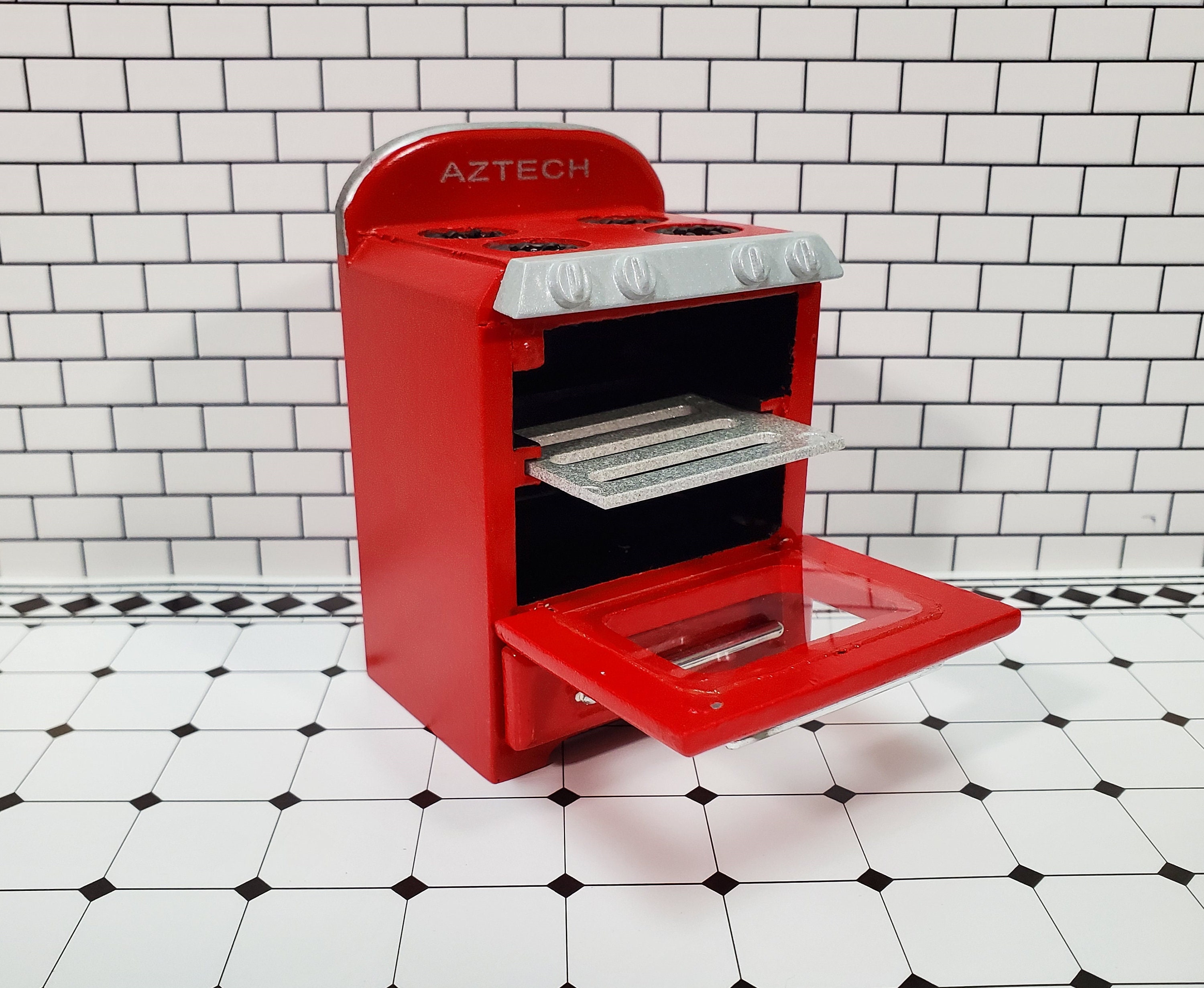 1:12 Scale Red Kitchen Set Fridge Stove Oven Sink Cabinet