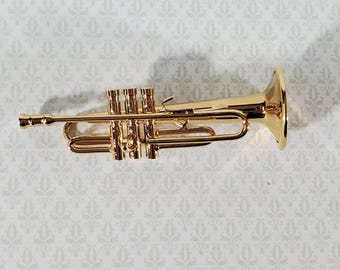 Miniature Trumpet Gold Brass Metal 2 1/4" long Instrument with Case
