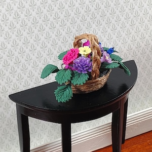 Dollhouse Flowers in a Natural Fiber Basket Pink Purple 1:12 Scale Miniature
