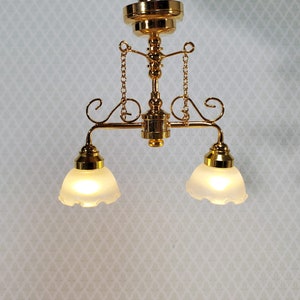 Dollhouse Miniature LED Battery Ceiling Light 2 Arm Chandelier 1:12 Scale LT7435