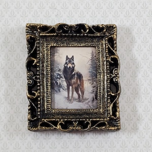 Miniature Gray Wolf in the Forest Art Print Framed 1:12 Scale Dollhouse Decor