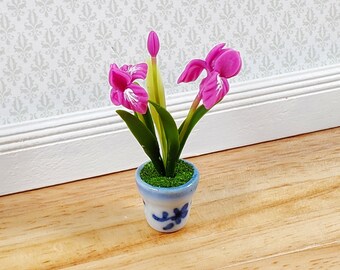 Dollhouse Bearded Iris Plant Dark Pink Ceramic Pot 1:12 Scale Miniature Flowers