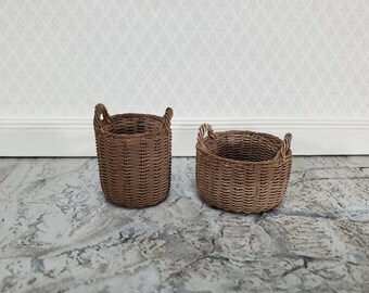 Dollhouse Baskets Set of 2 Resin with Handles Brown 1:12 Scale