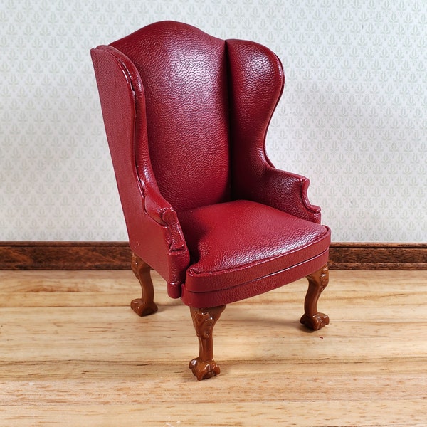 Dollhouse Miniature Wing Back Arm Chair Dark Red 1:12 Scale Furniture Faux Leather