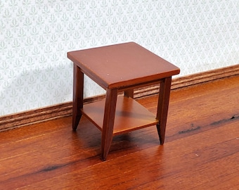 Dollhouse Side Table with Shelf Modern Style Walnut Finish 1:12 Scale Miniature Furniture