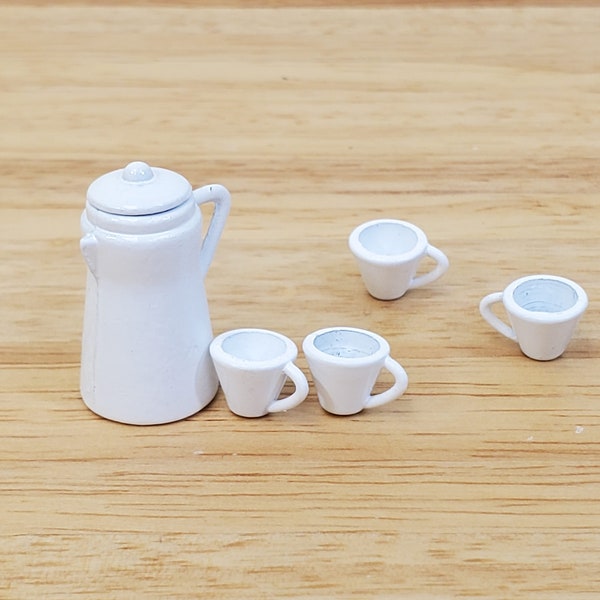 Dollhouse Coffee Pot & 4 Cups White Metal 1:12 Scale Miniature Kitchen Accessories