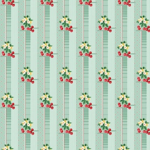 May include: A repeating pattern featuring stylized cherries and white flowers on a light green background. Vertical stripes alternate with rows of red dots, creating a vintage, botanical design.