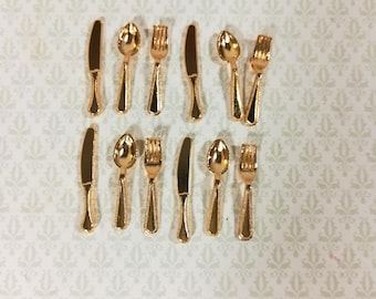 Dollhouse Miniature Gold Flatware Silverware Set 4 Place Settings 1:12 Scale