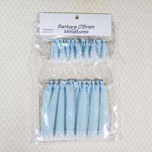 Dollhouse Curtains & Valance Blue with Lace Curtain Rod 1:12 Scale Miniature