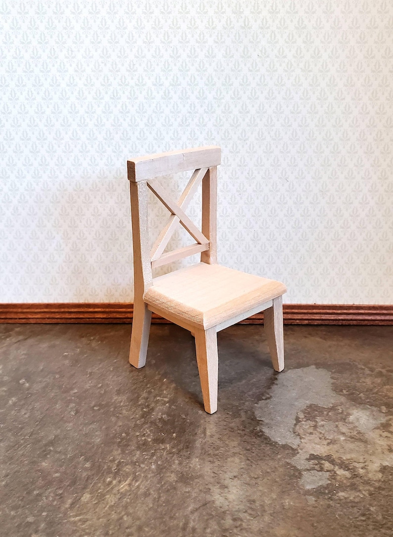 Dollhouse Miniature Chair Kitchen Dining Cross Buck Unfinished Wood 1:12 Scale afbeelding 1