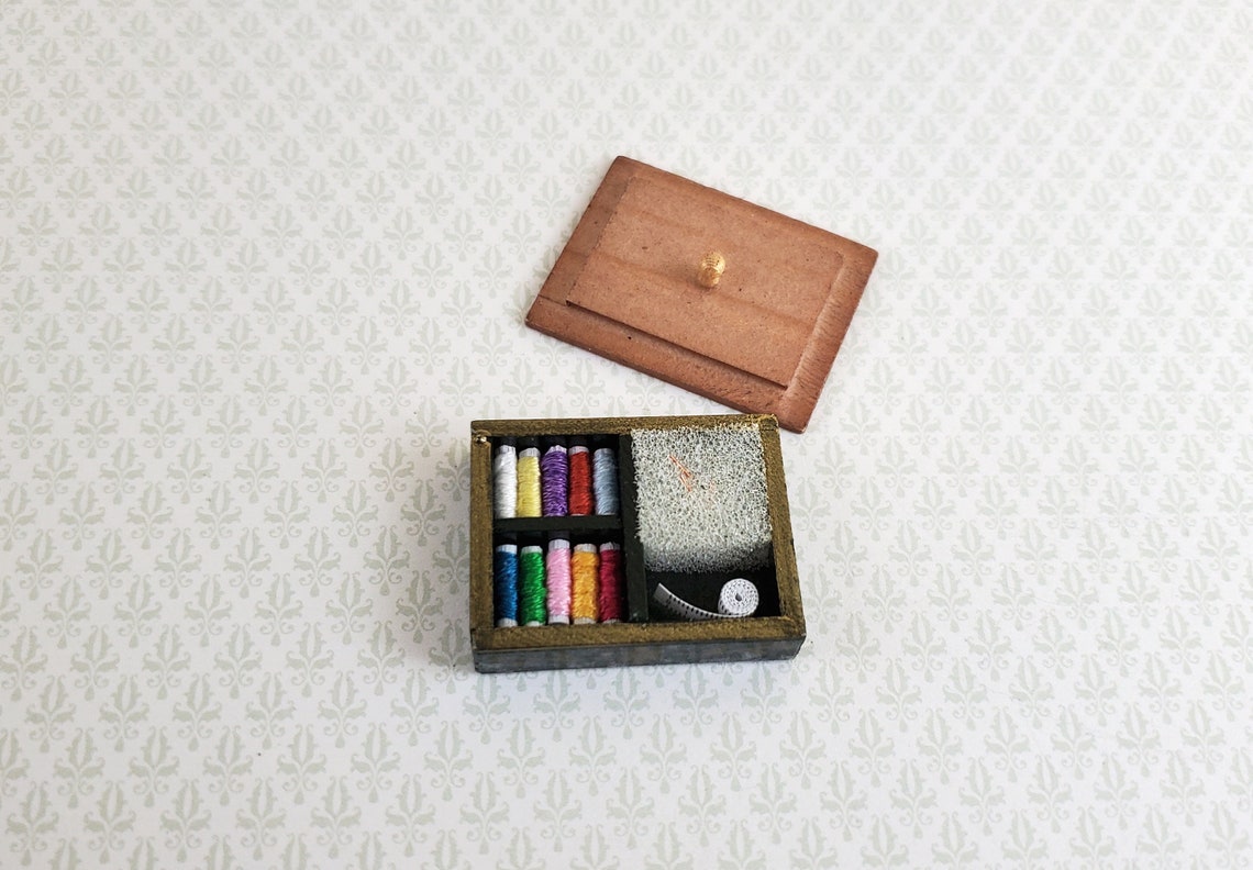 Dollhouse Miniature Sewing Box Set With Thread & Tape Measure Etsy