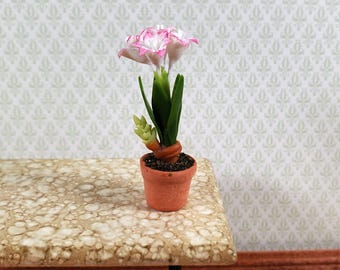Dollhouse Pink & White Amaryllis Flowers in Terra Cotta Pot 1:12 Scale Miniature